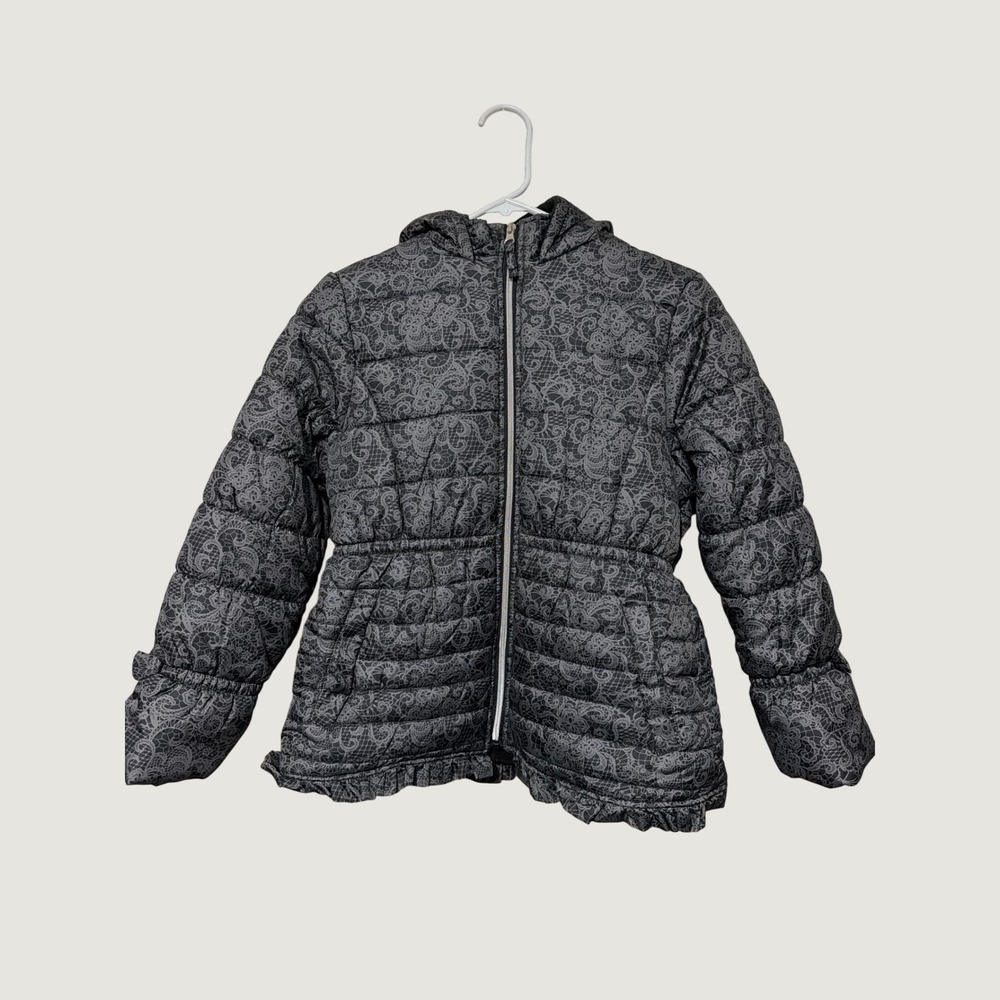 Pink Platinum Girls Grey Lace Print Puffer Jacket Hooded Ruffle Hem Size 10/12